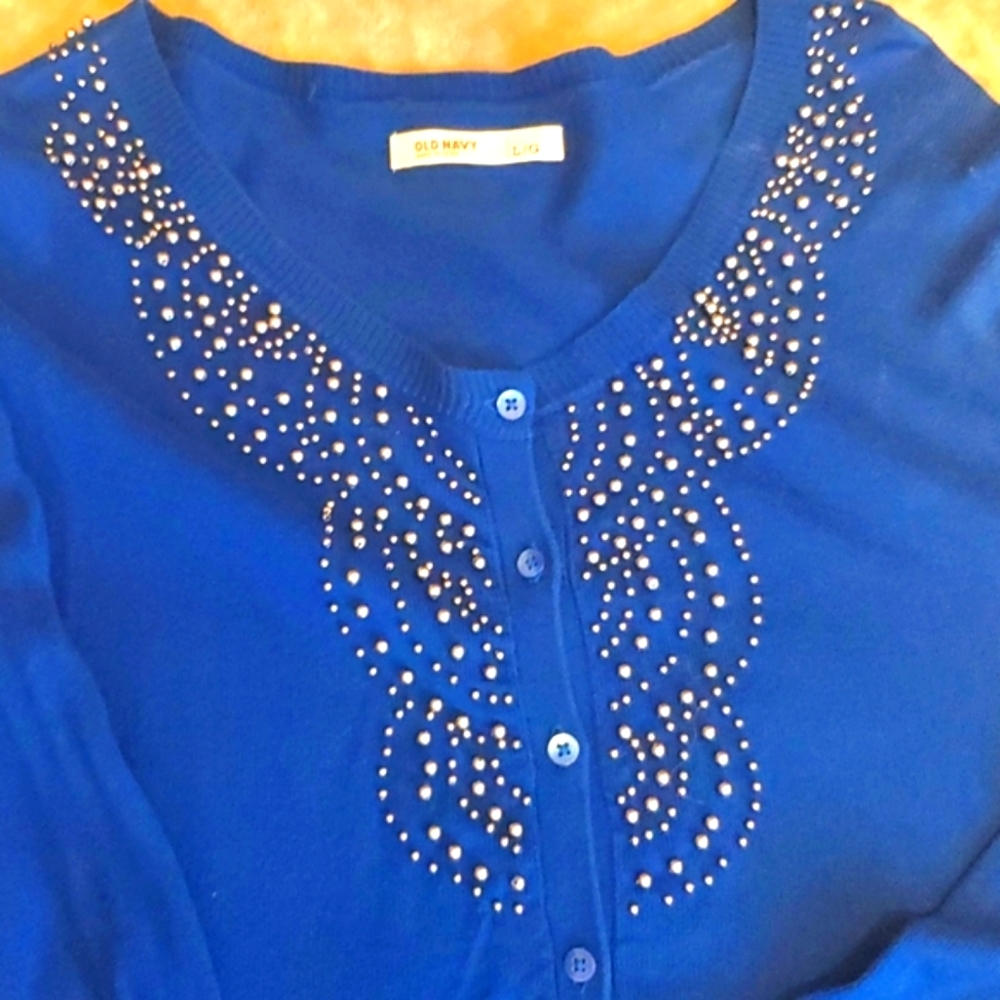 Women's Old Navy Size Large Blue Beaded Button Down Sweater Cardigan